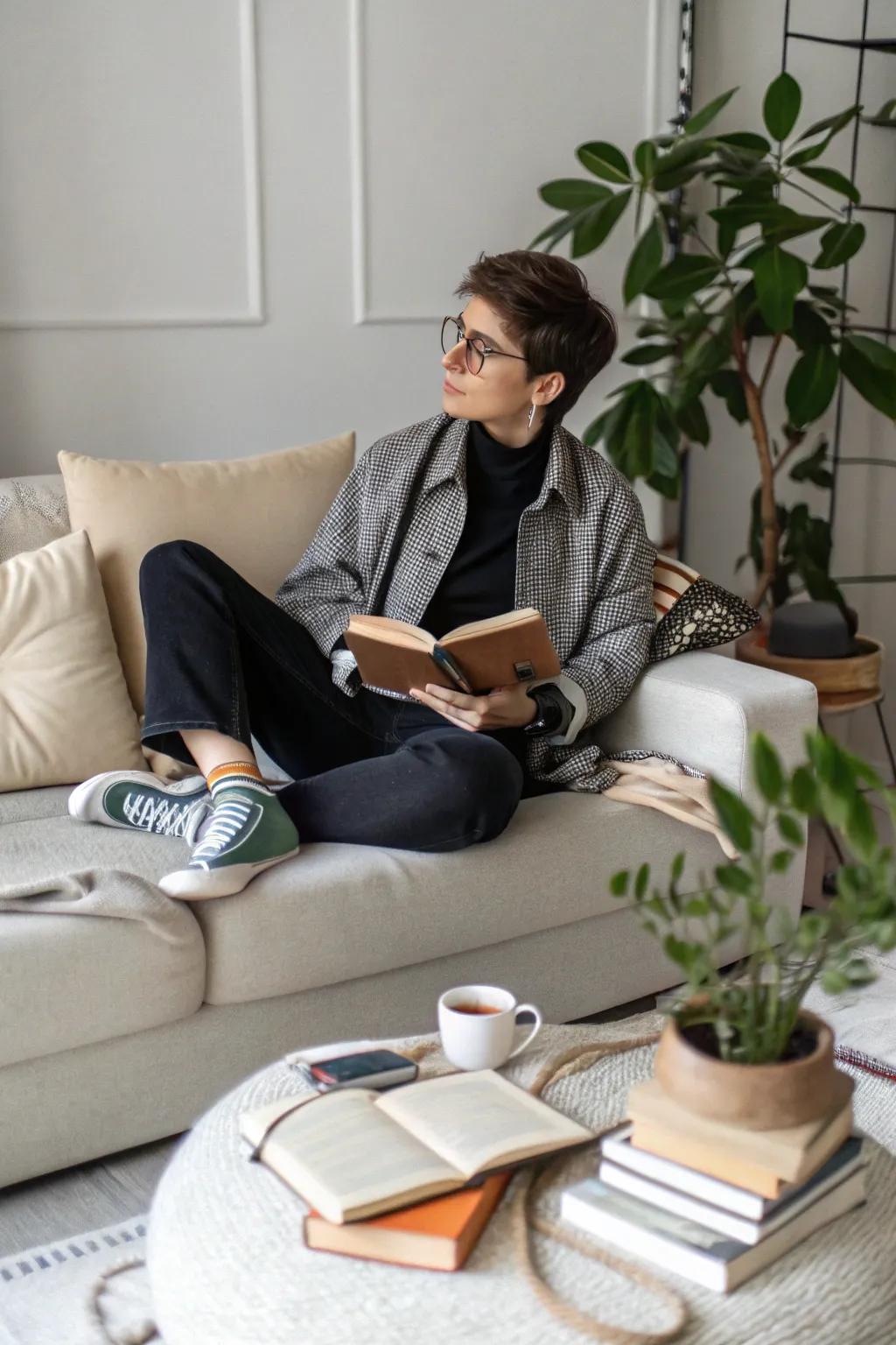 Cross-legged relaxation emphasizes personal style and comfort.