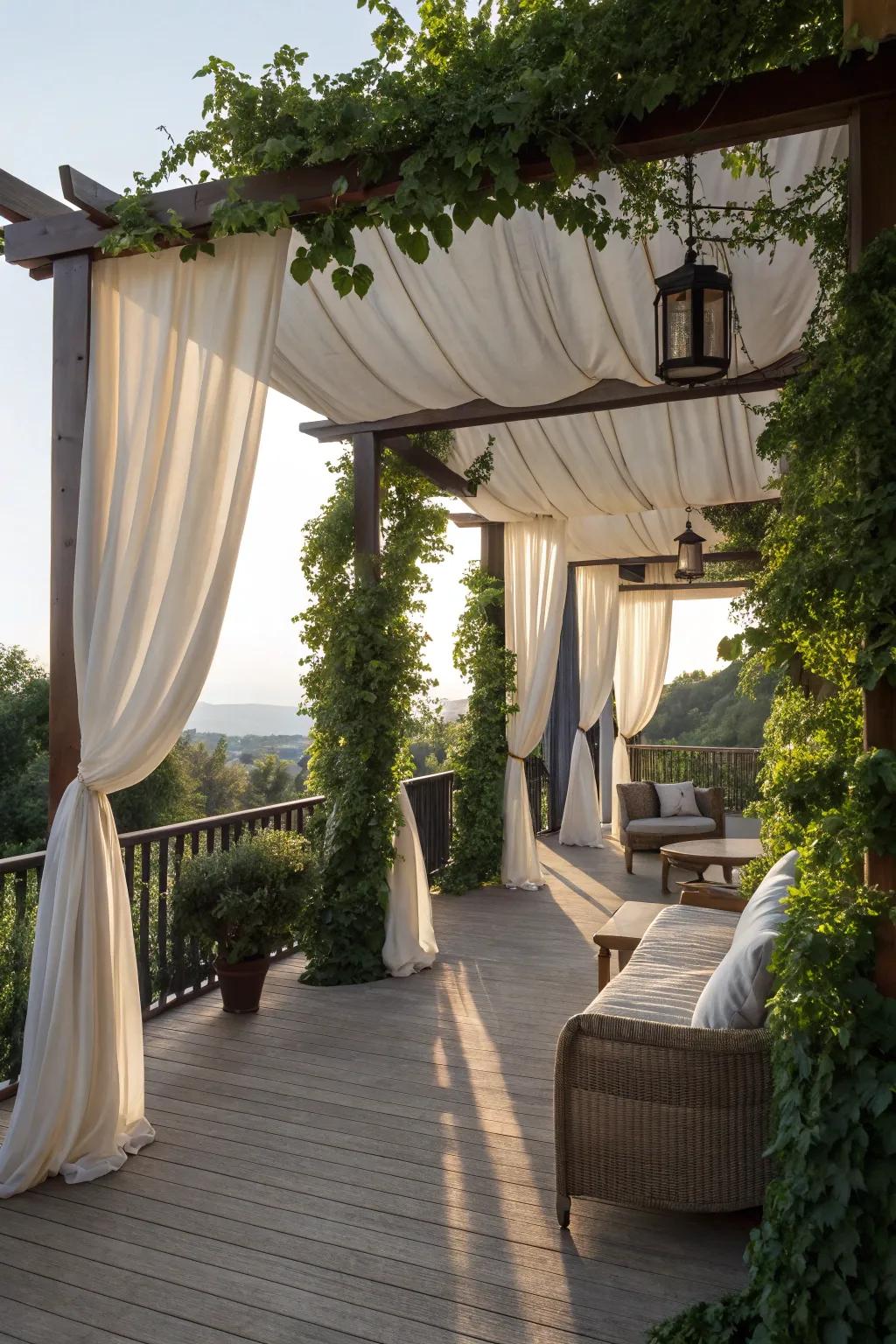 A romantic cloth-adorned overhead structure deck, perfect for tranquil moments.