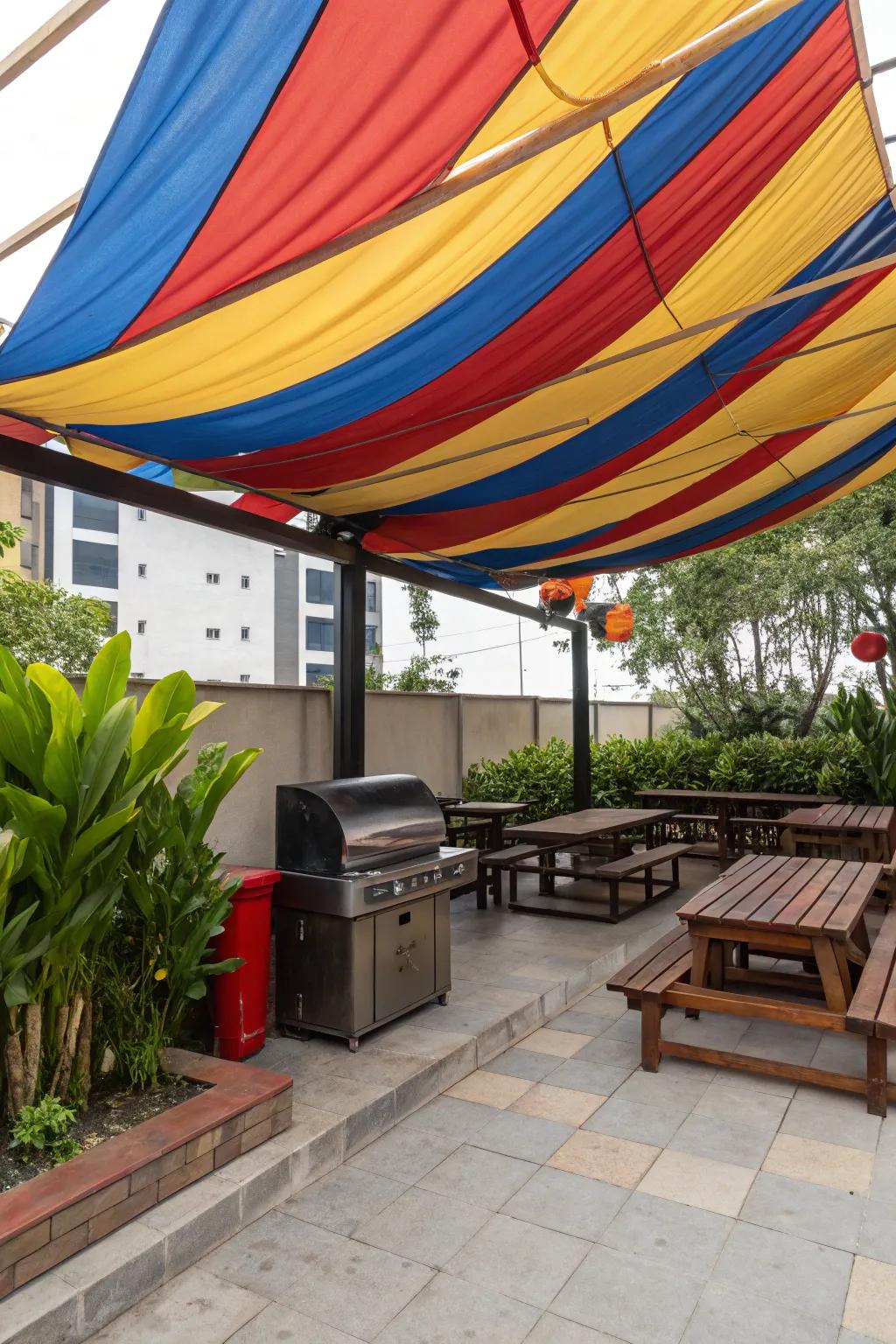 A vibrant textile roof adding playful charm to a cooking space.