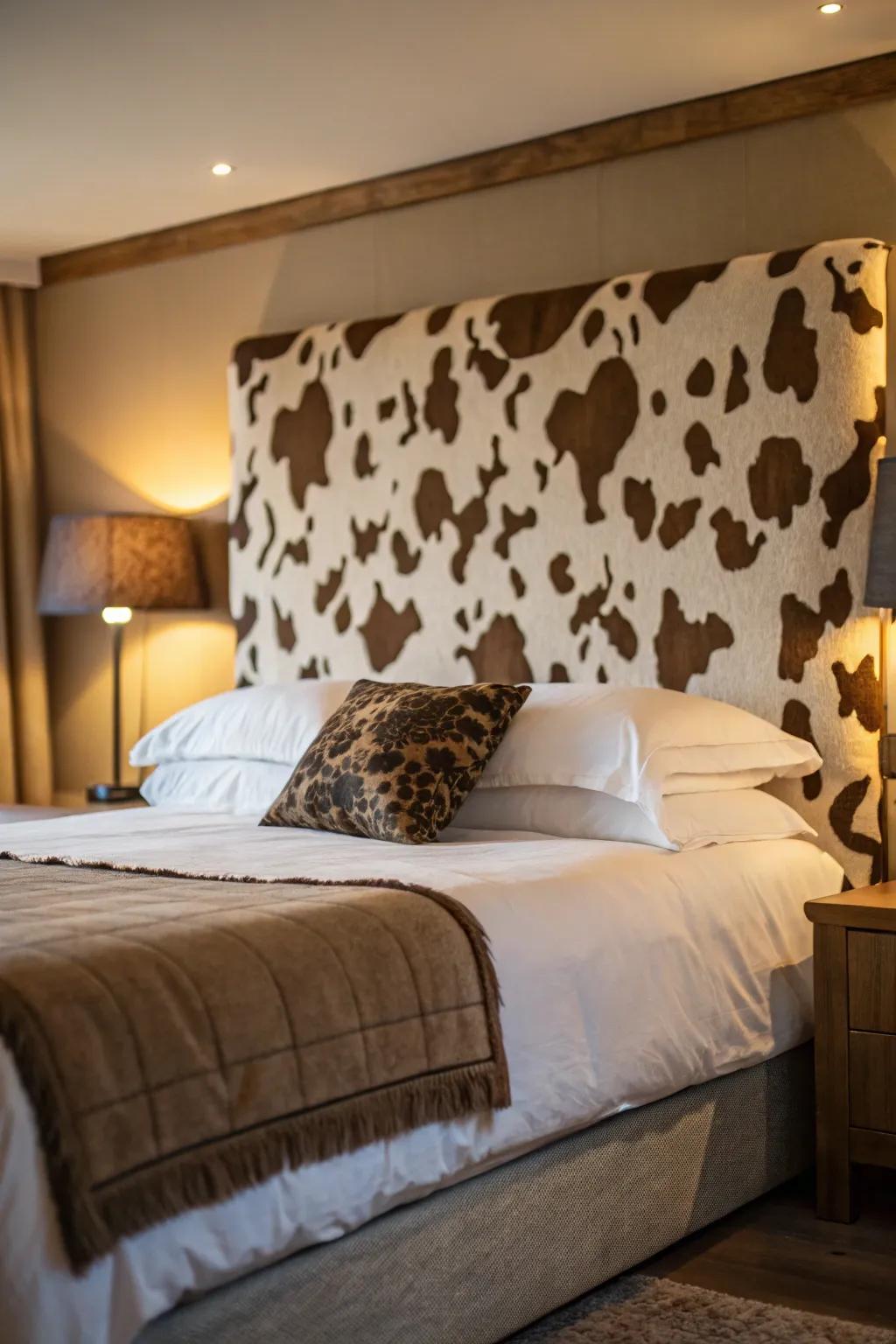 A wild animal pattern headboard serves as a stunning room centerpiece.