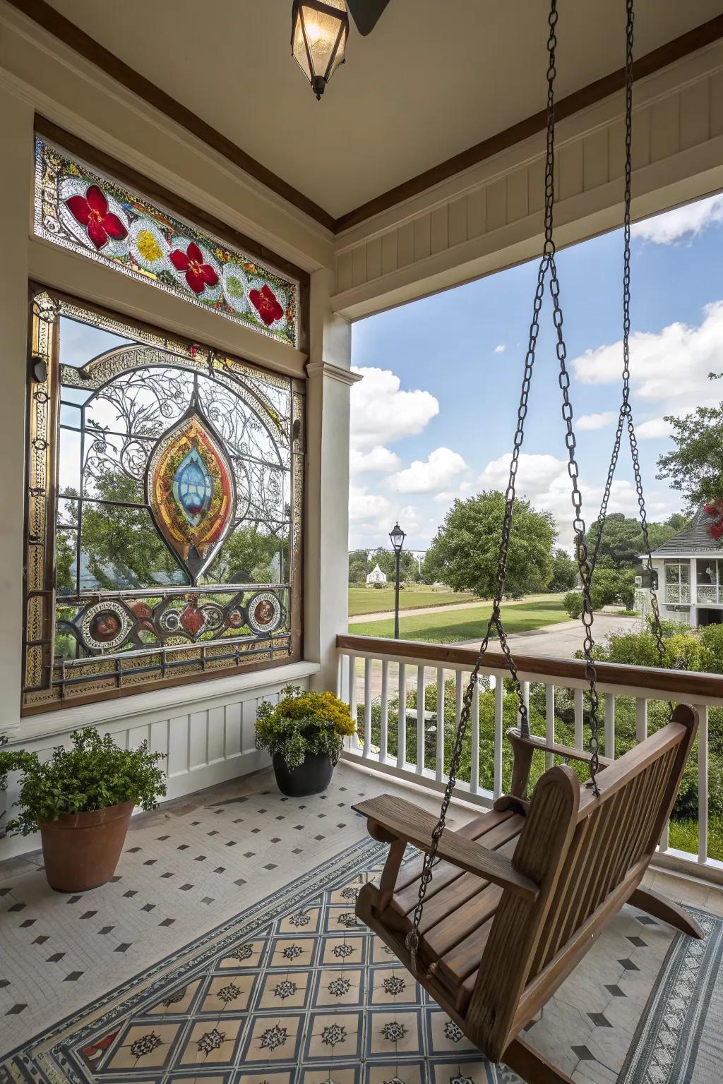 Colored glass imparts an artistic flair to the porch.