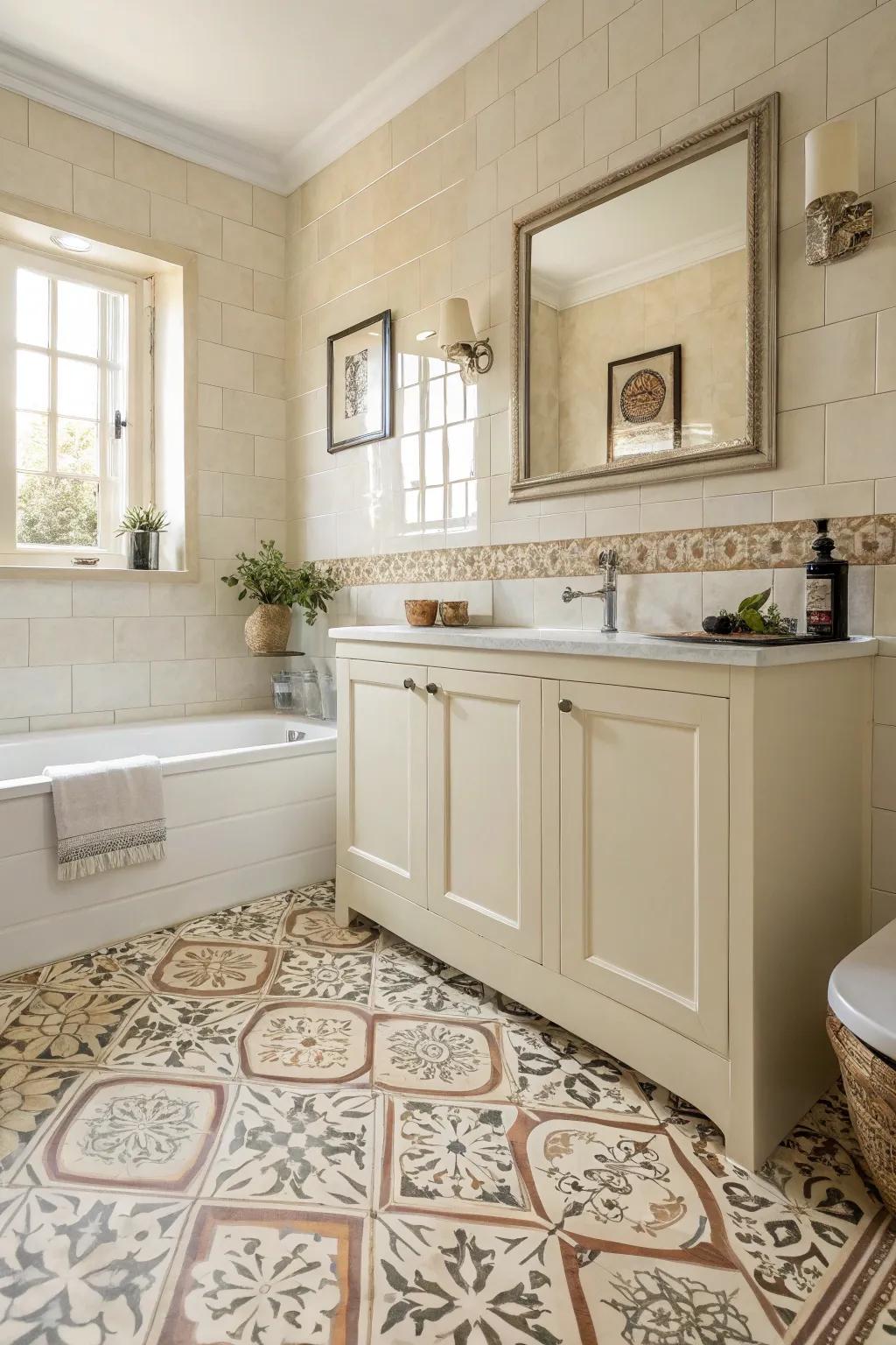 Designed floor tiling introduces allure to this cream bathroom.