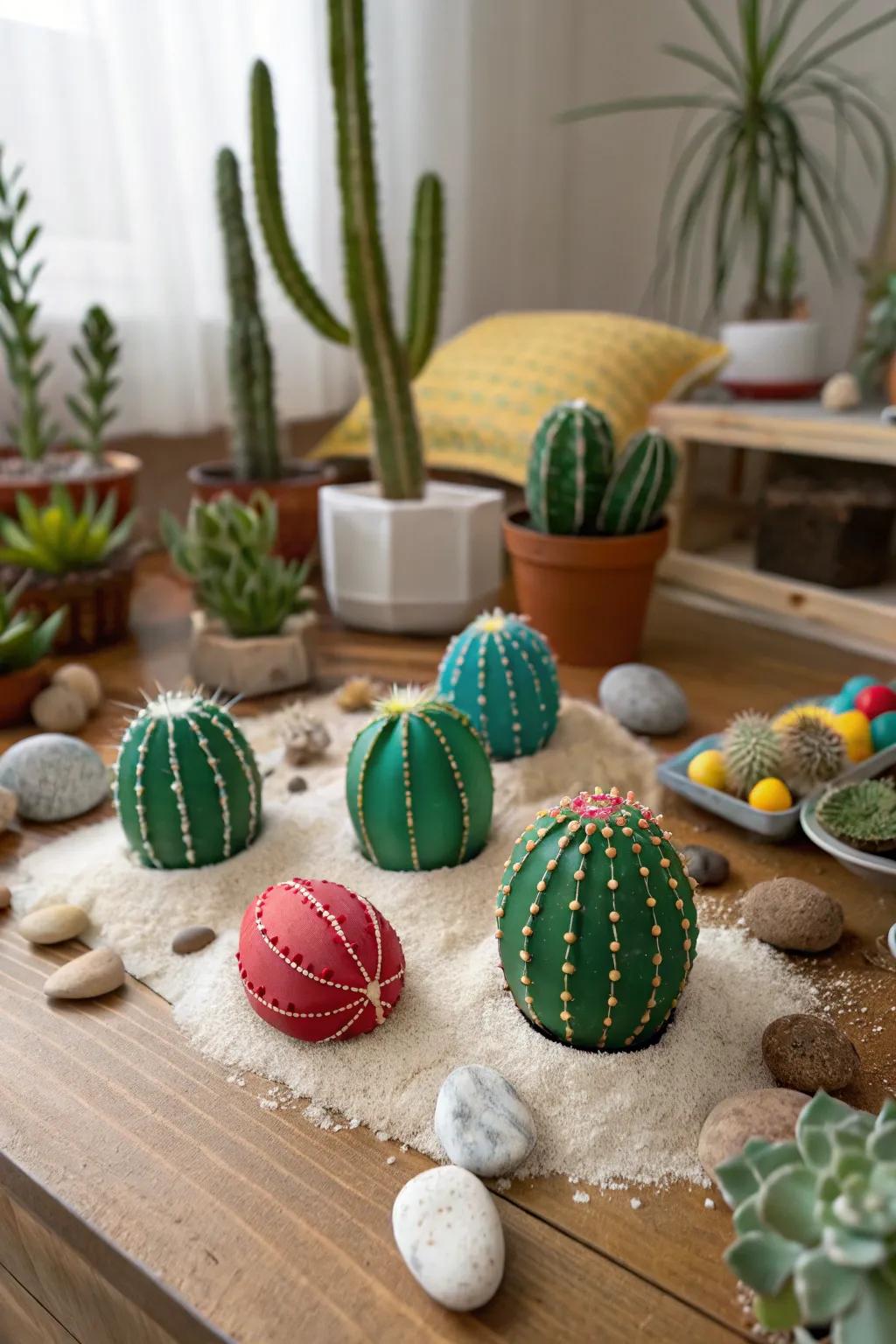 Desert flora-themed eggs injecting an eccentric characteristic into wilderness-inspired aesthetics.