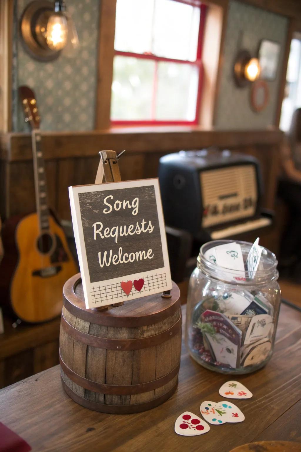 A tip vessel soliciting musical solicitations for gratuities