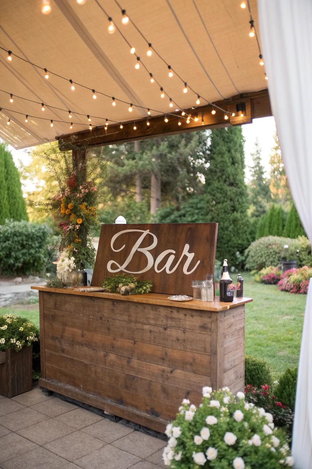 Individualized adornments impart a unique nuance to this outdoor bar.