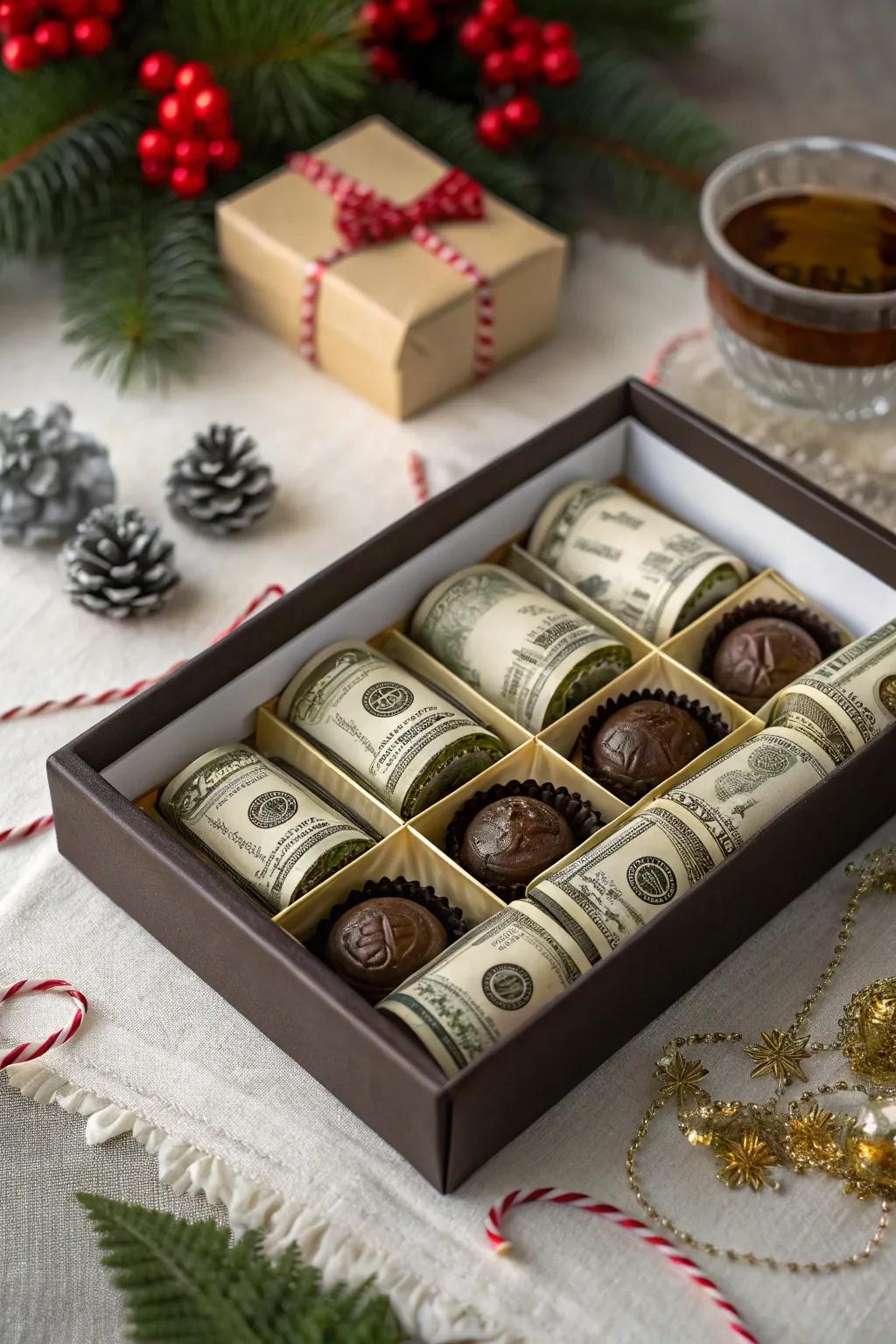 A confection box housing a currency surprise within.