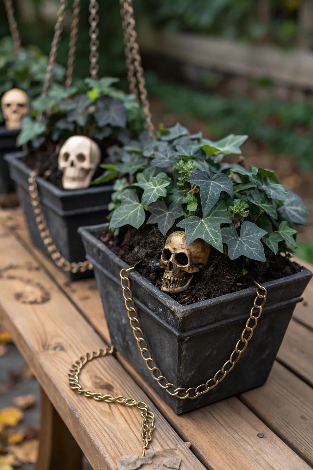 Gothic planters set a moody tone.