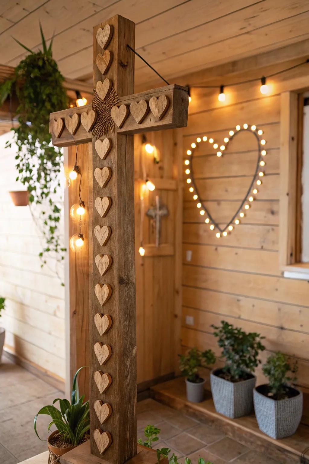 Figure adorned via timber hearts