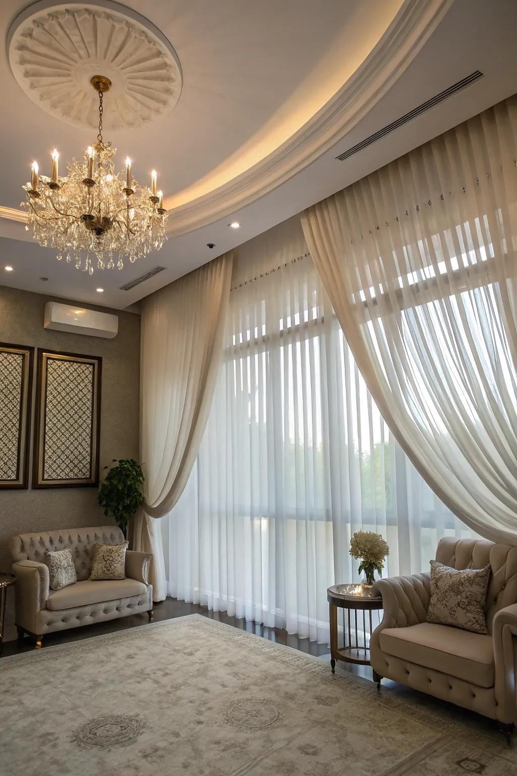 Delicate roof-affixed fabrics inject elegance and theatricality.