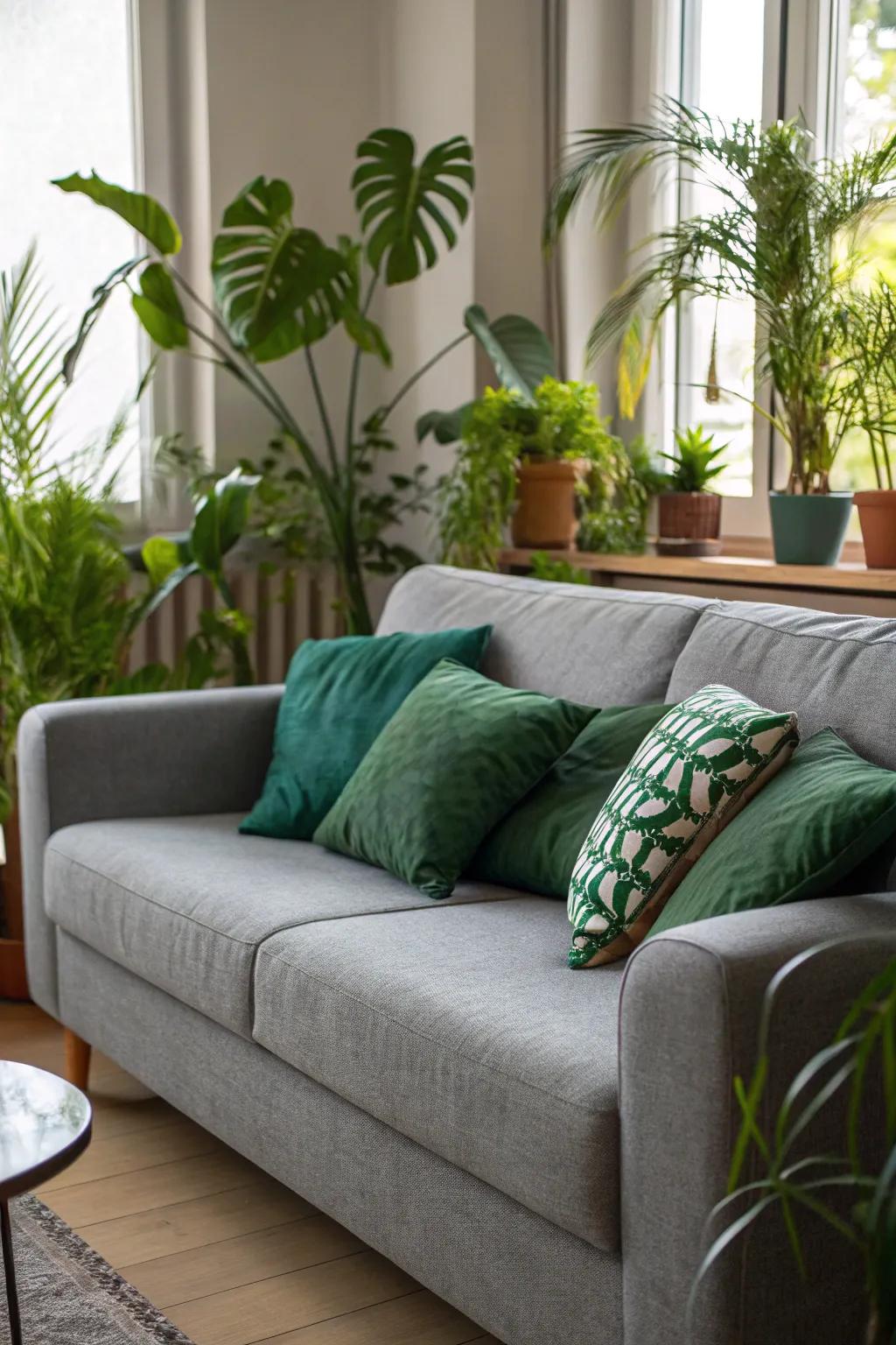 Verdant cushions infuse a fresh, nature-inspired feel to a grey couch.