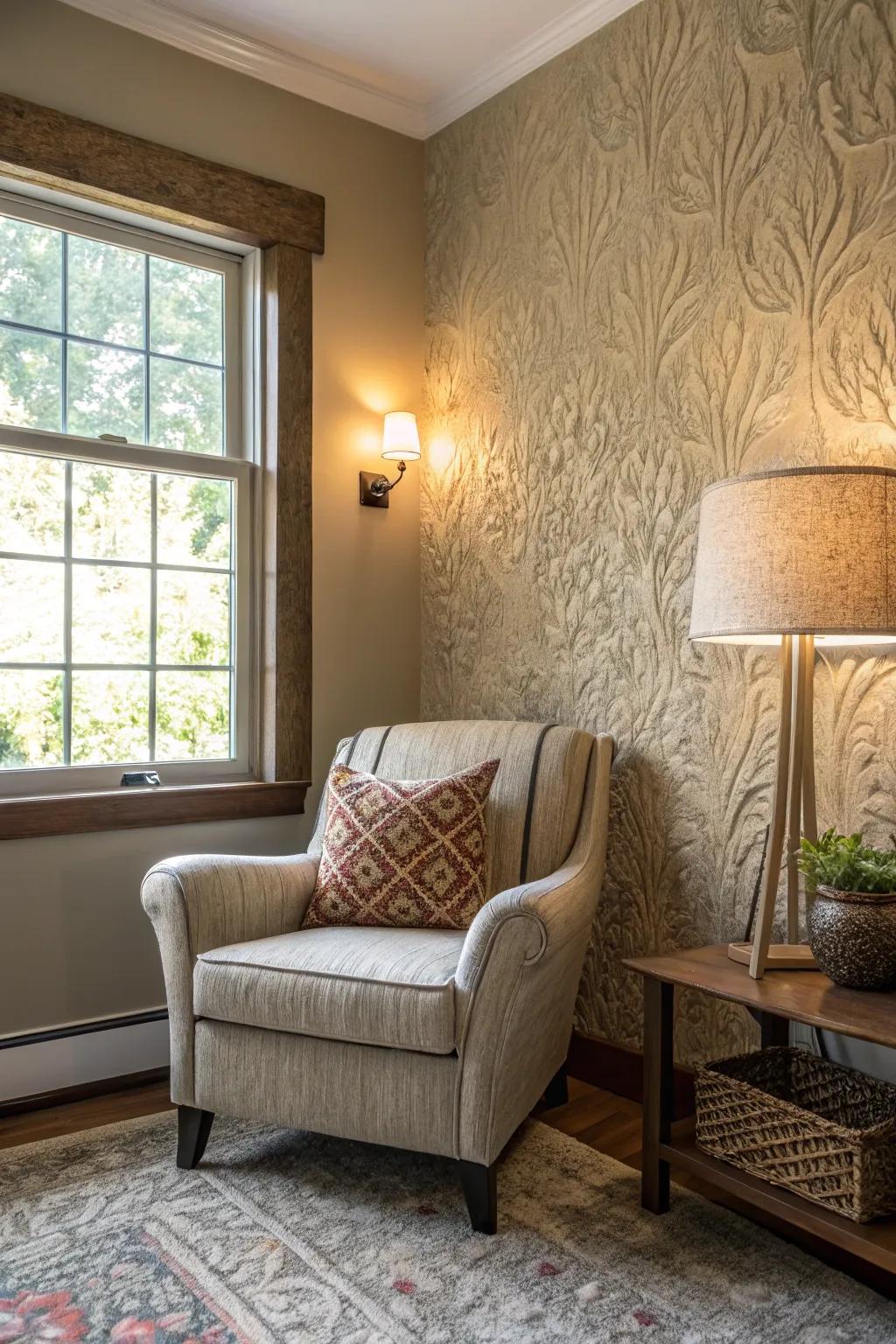 A textured wall and unique chair craft an inviting nook.