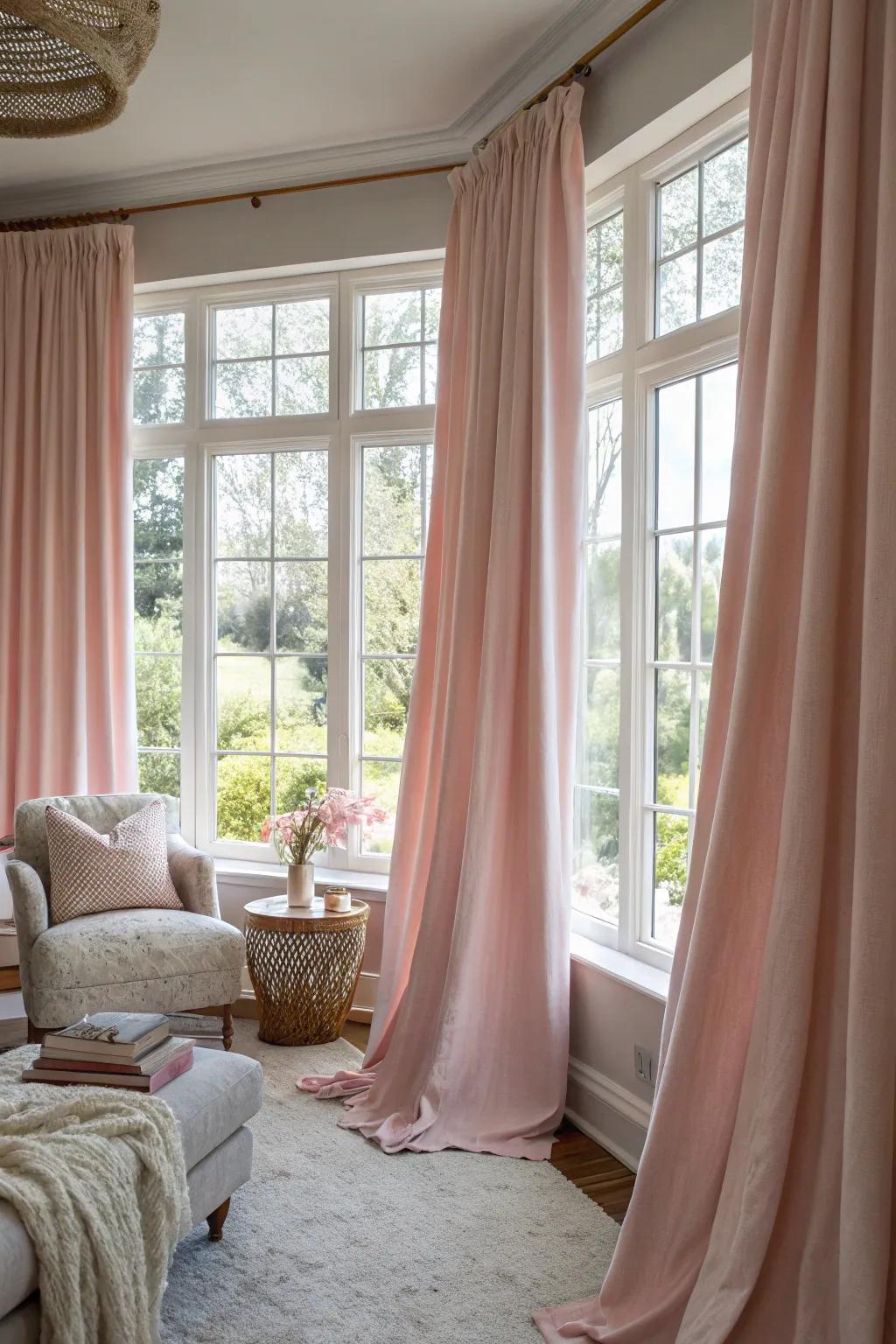 Rose drapes introduce a gentle and elegant touch to the living room.