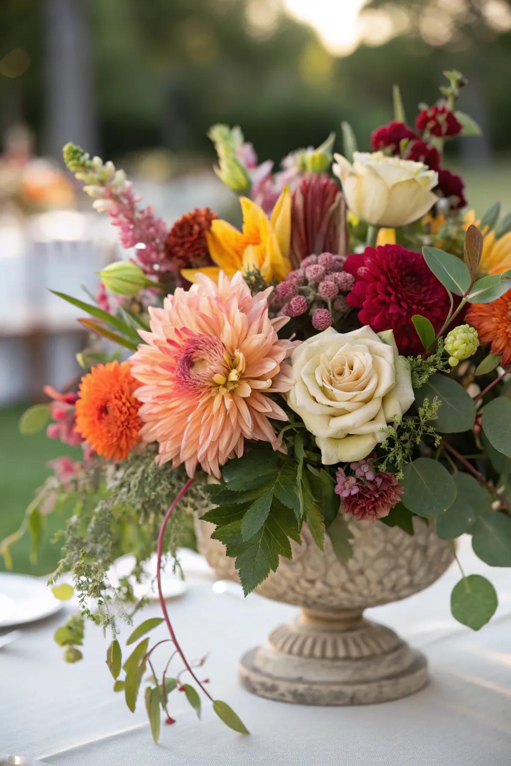 A vibrant floral center incorporating elegance to the repast table.