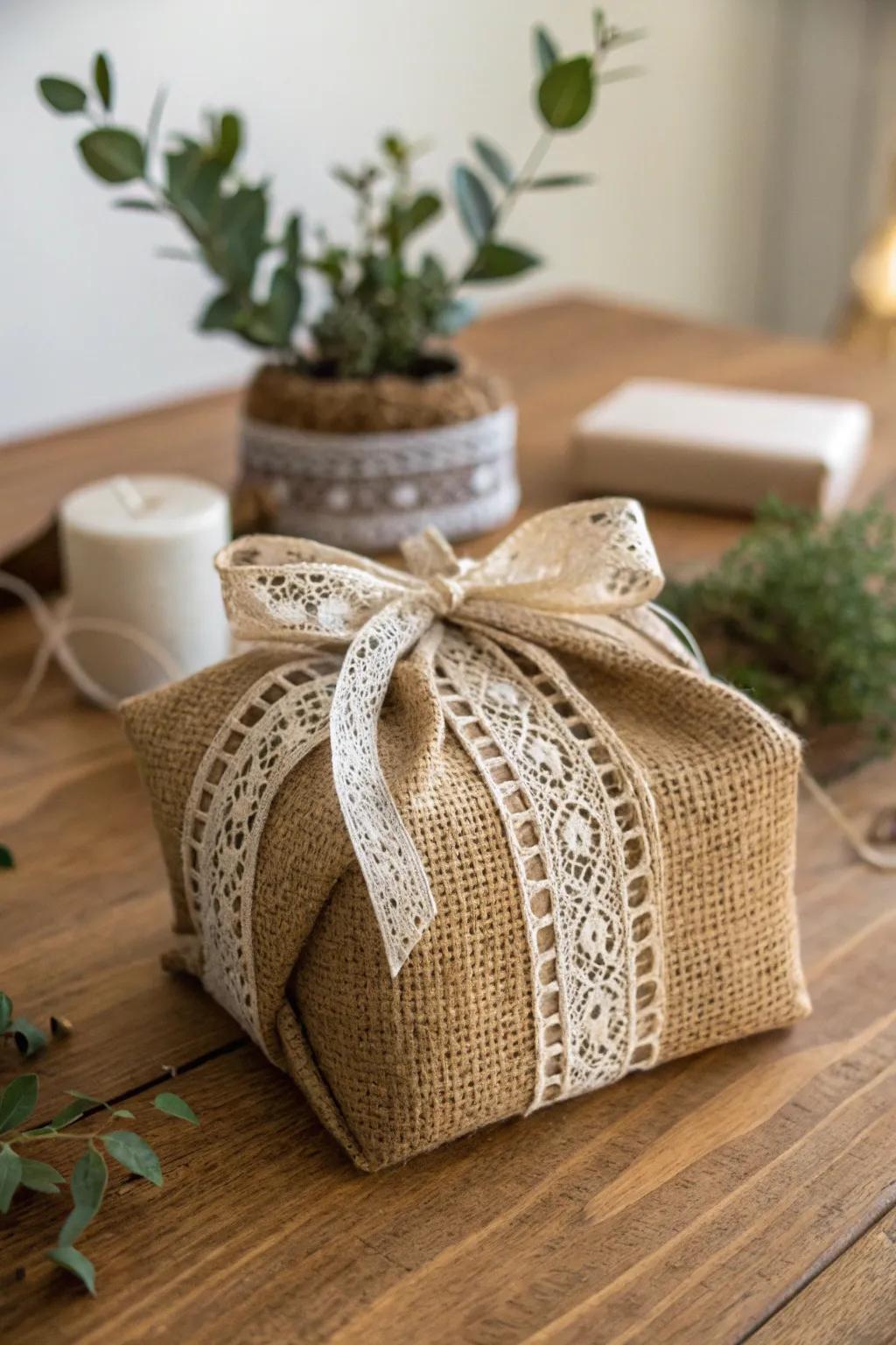 Elevate your gift wrapping with rustic rough fabric and delicate lace, reflecting a touch of natural elegance.