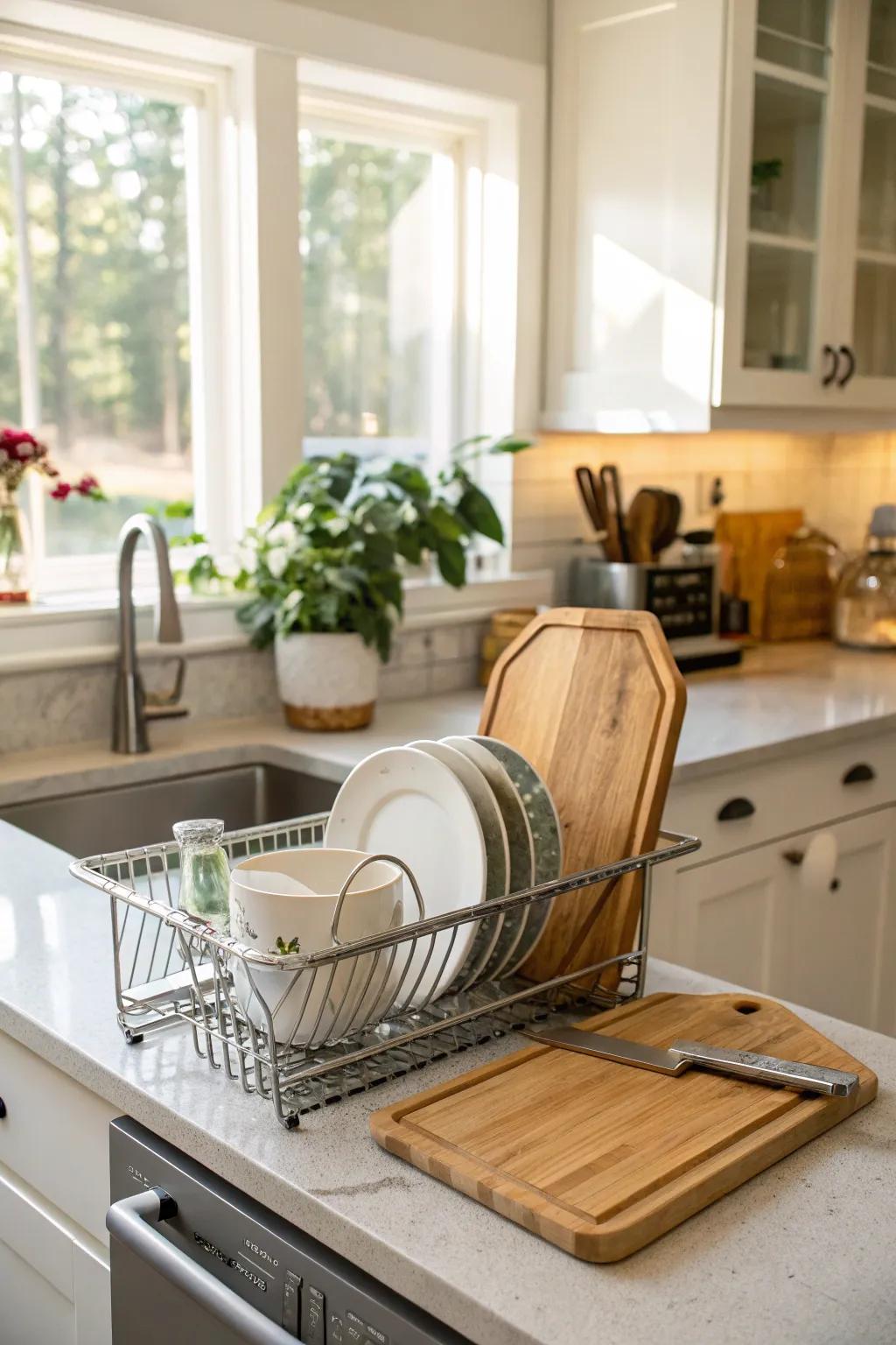 Dish rack repurposed for cutting board storage.