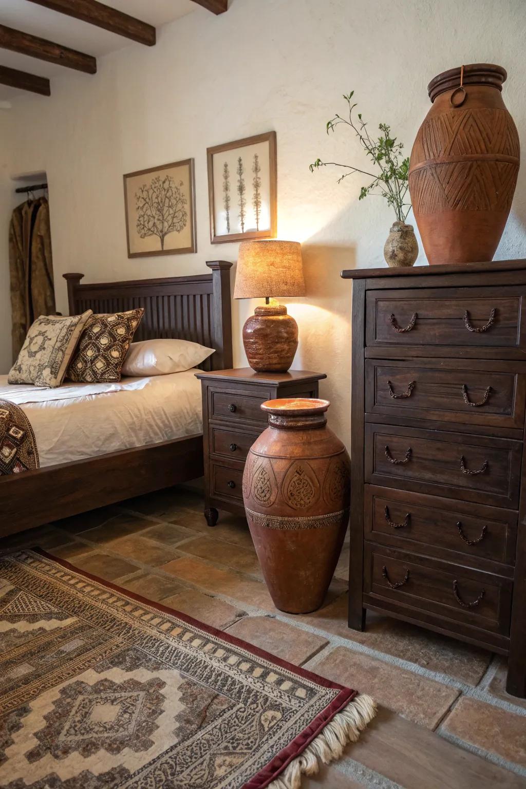 Earthy tinges inject warmth and cohesiveness into deep brown decor.