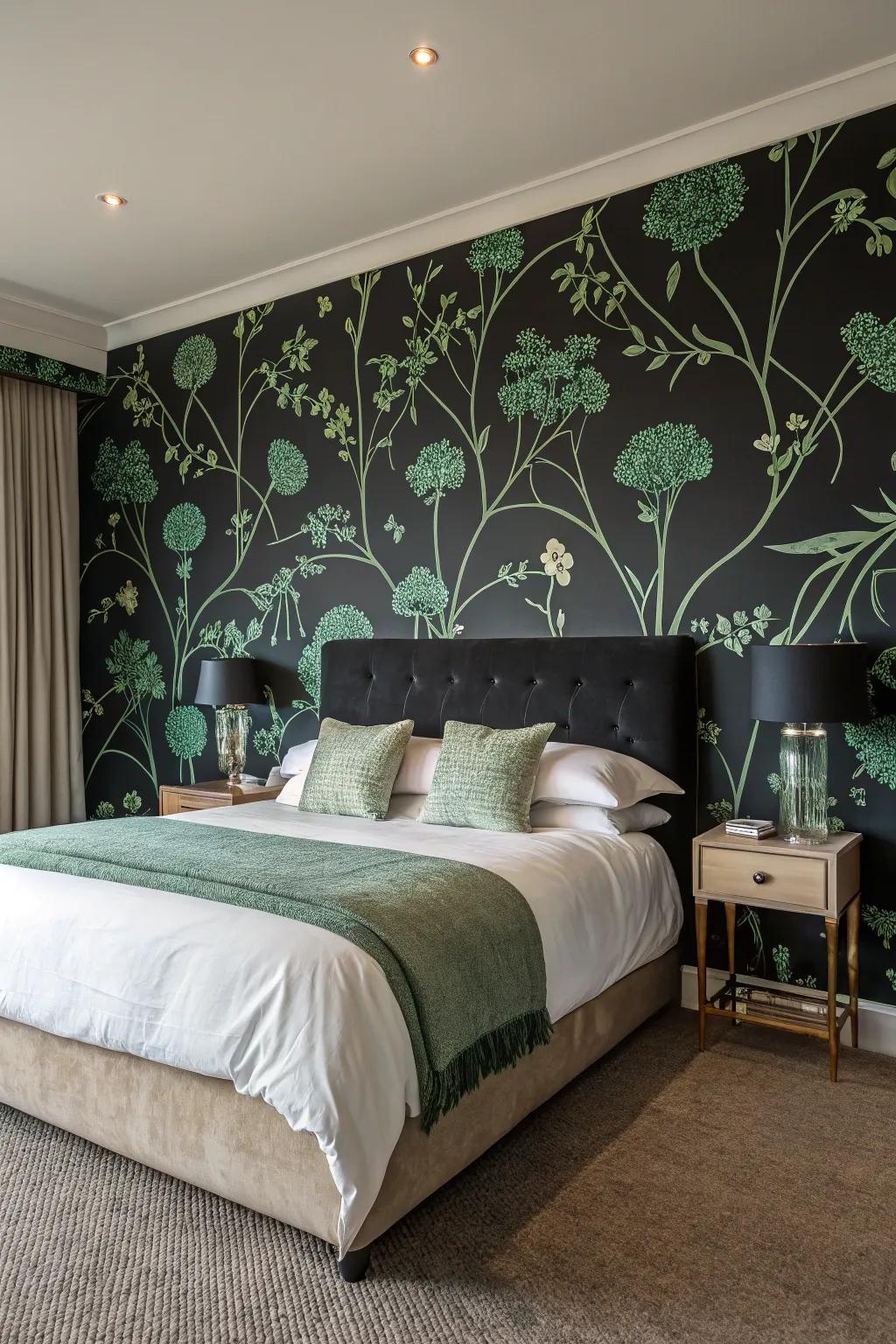 Floral patterns on ebony wallpaper fashion a striking showpiece.