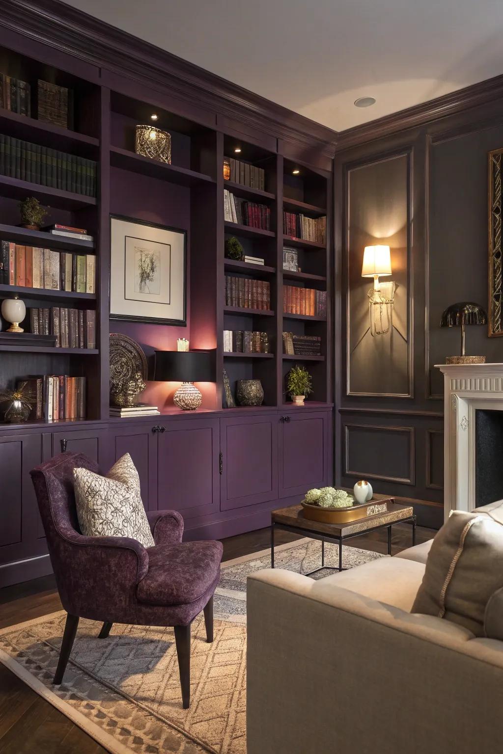 Deep violet shelving units introduce personality and charm to this fashionable living area.