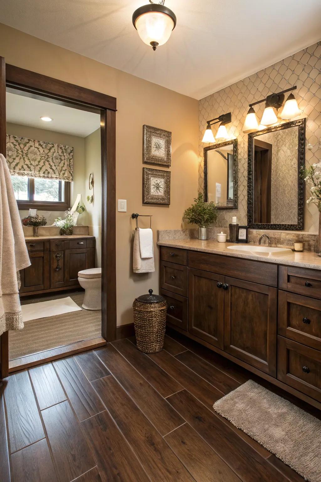 Deep wood flooring adds a cohesive and luxurious sensation to this bathroom.