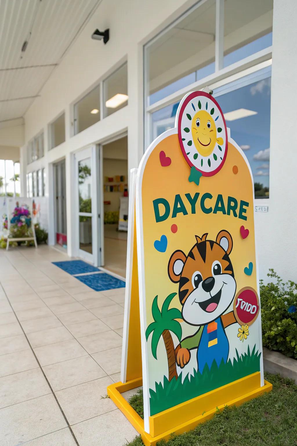 A convivial daycare mascot on the marker infuses a frolicsome and welcoming refinement.