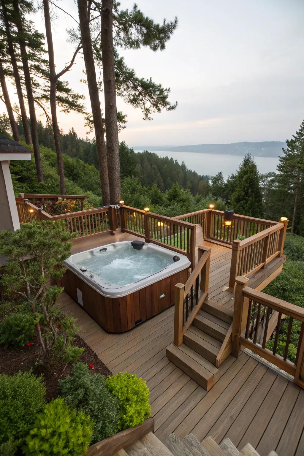 Multi-level decking brings a different view to the hot tub area.