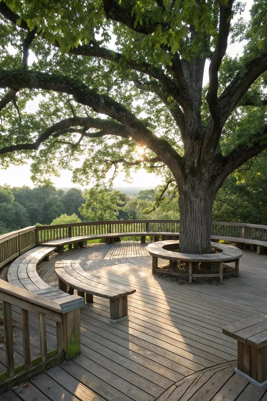 Circular benches around trees offer shade and an organic aesthetic.