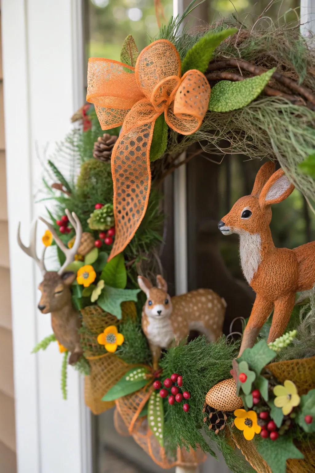 Simulated woodland creatures impart whimsy to this delightful autumnal wreath.