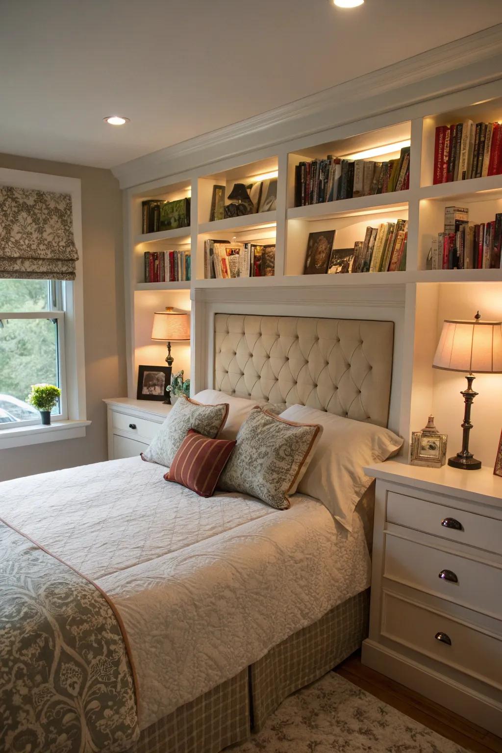 A bespoke headboard with integrated features provides both design and functionality.