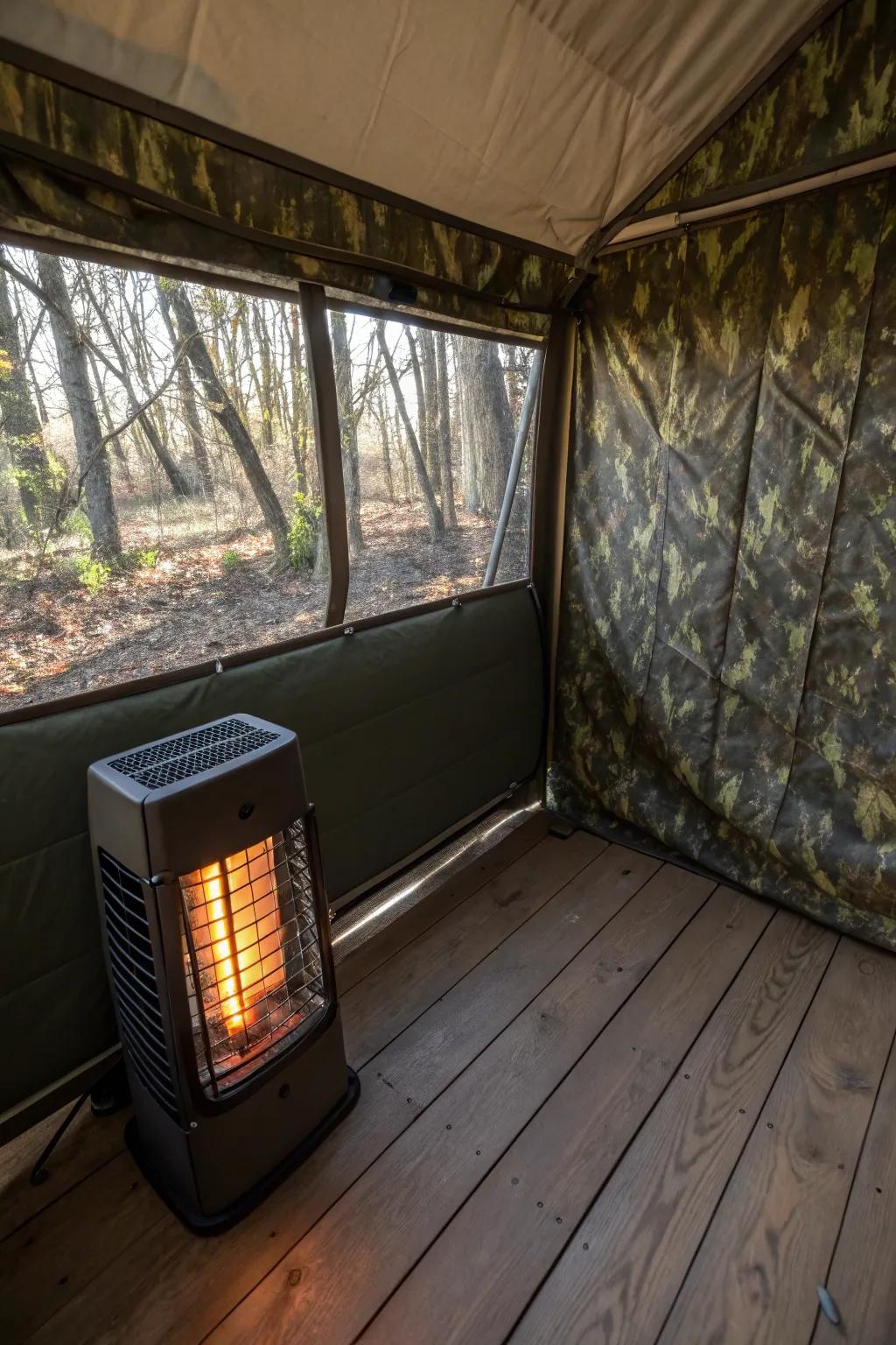 A portable heater offers warmth and comfort during cold hunting days.