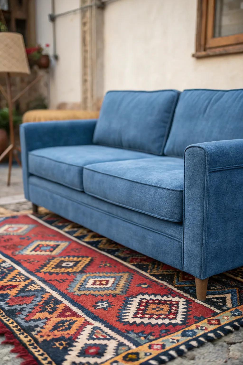 A striking ground covering secures the space surrounding a cerulean couch.