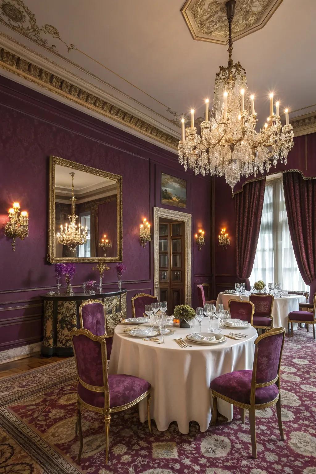 A royal dining room enveloped in the luxury of deep purple.