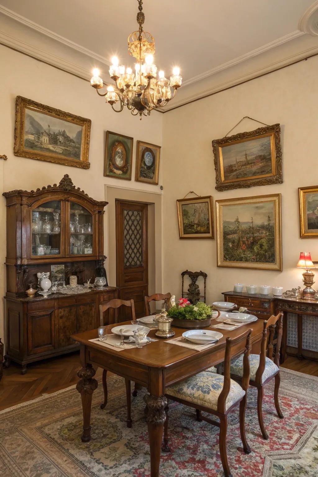 Classic discoveries impart timeless charm to the dining room.