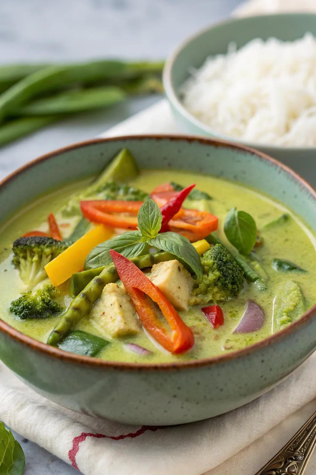 Thai green curry featuring vegetables, fiery and fragrant.