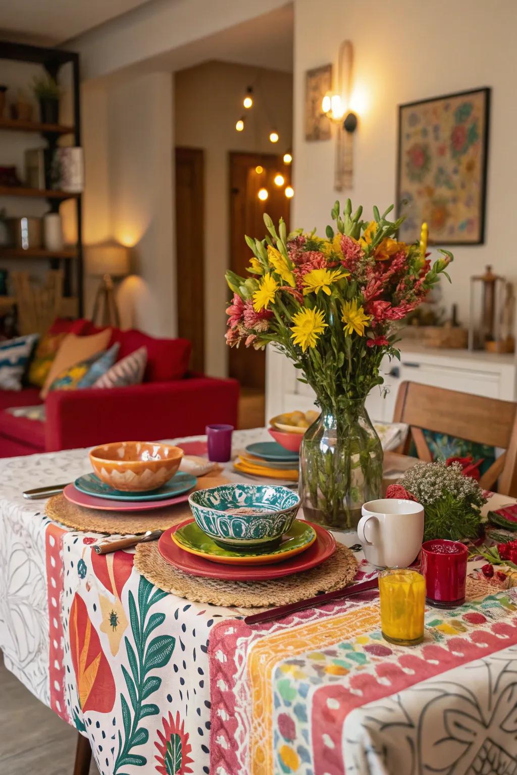 A daring tablecloth acts as a declarative centerpiece for the table.