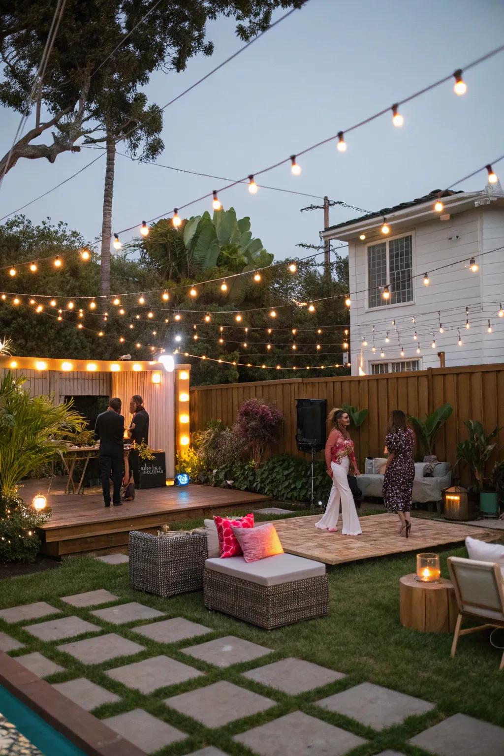 An exterior disco configuration featuring suspended illumination cultivates a mesmerizing ambiance beneath the celestial sphere.