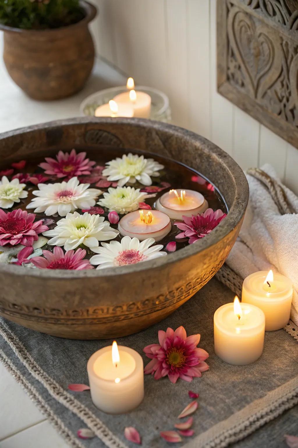Floating blossom bowls convey serenity and beauty.