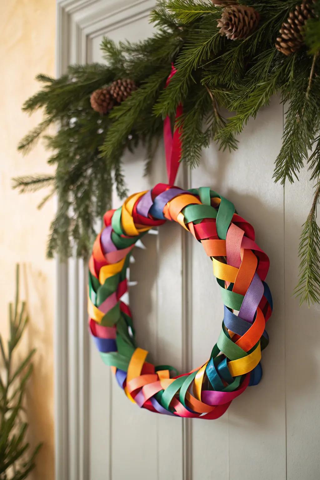 Infuse a vibrant explosion of color into your holiday aesthetic through this dynamic ribbon wreath, impeccably tailored for an understated yet playful inflection!