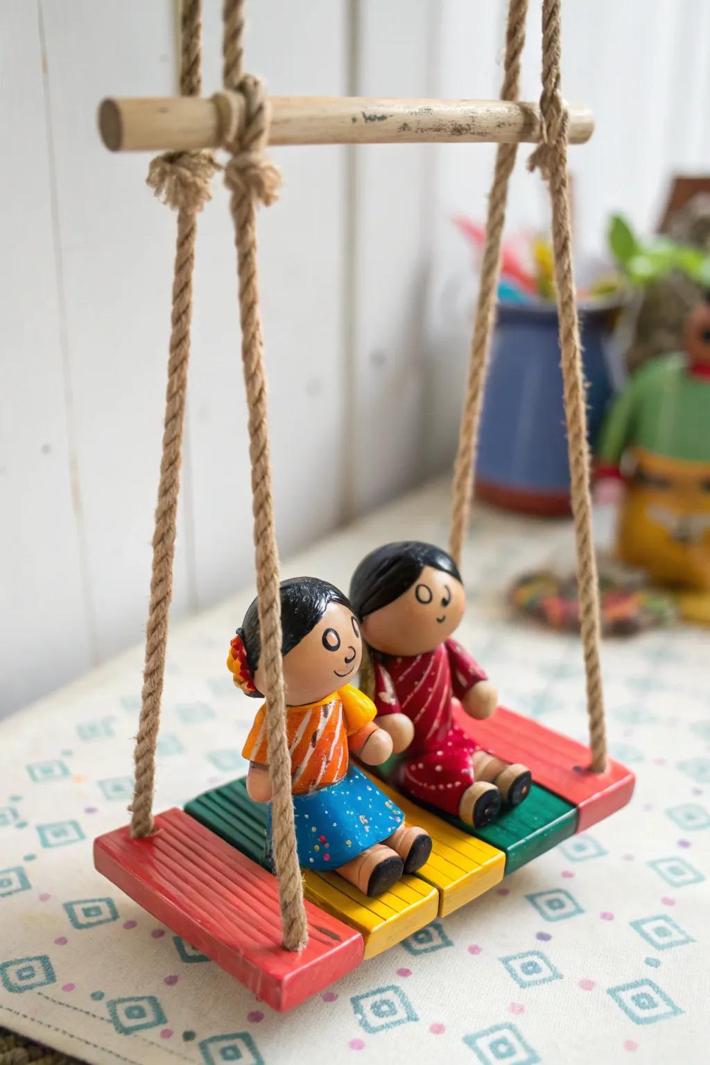 Oscillating figurines infuse a whimsical vibe into the Golu presentation.