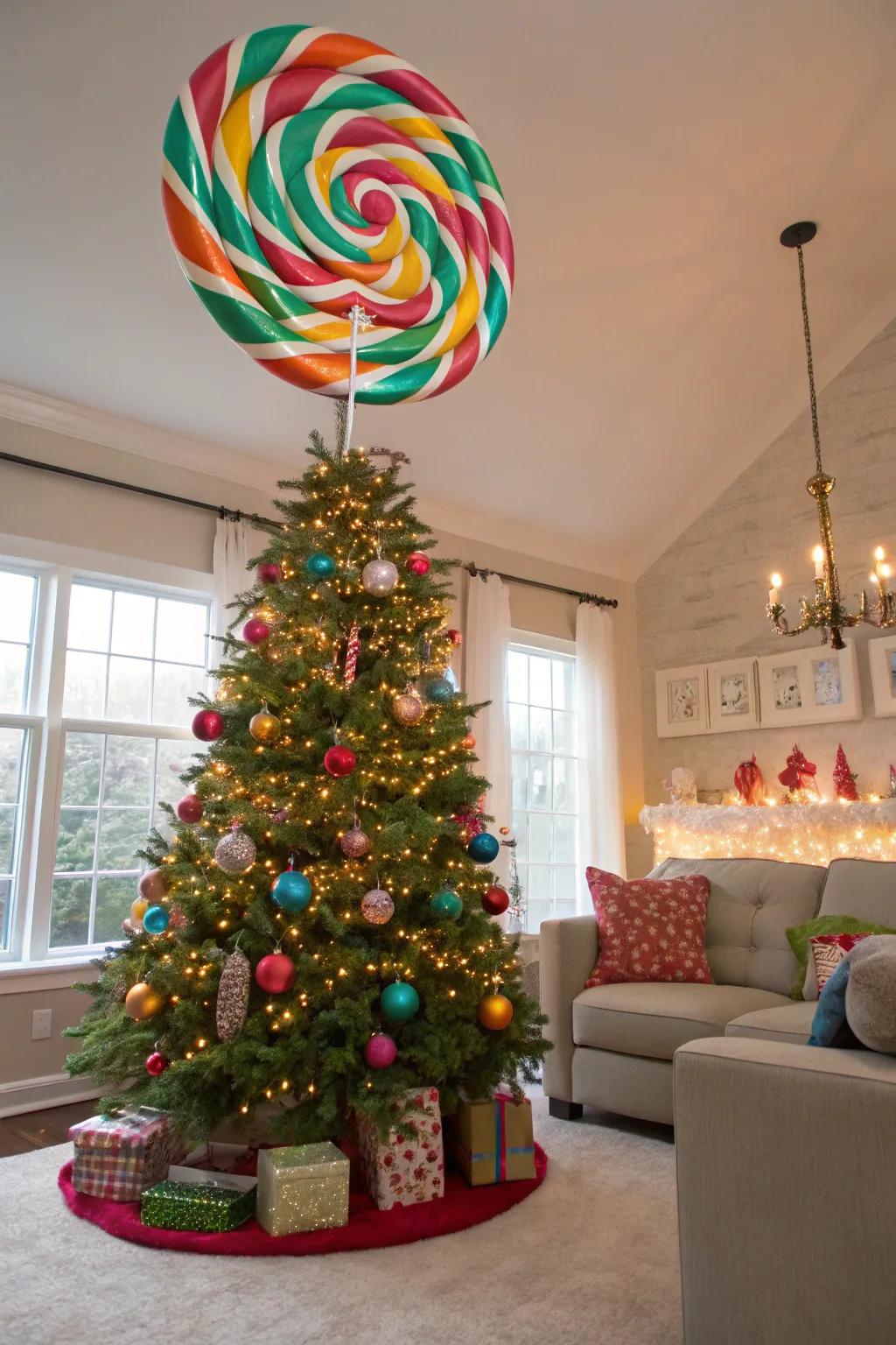 Whimsical merriment with an oversized confectionery ornament.