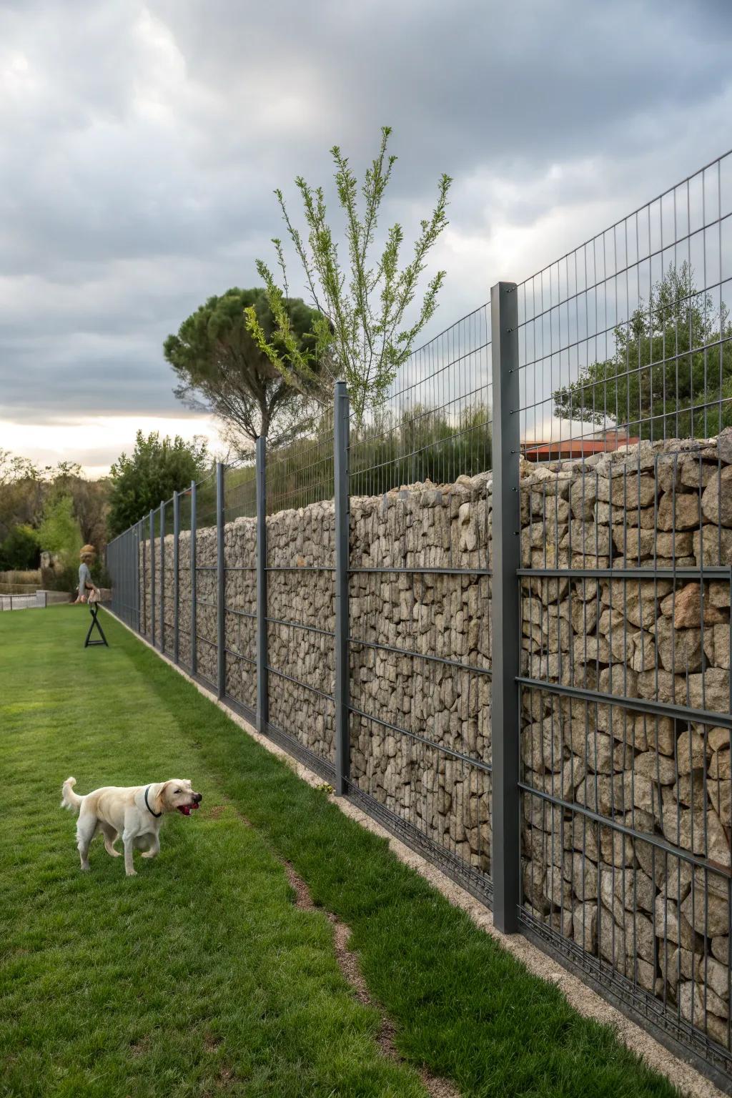 A striking and industrial stone-filled cage structure makes a bold statement.