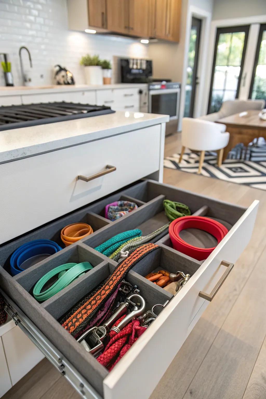 A drawer devoted to the arrangement of leashes.