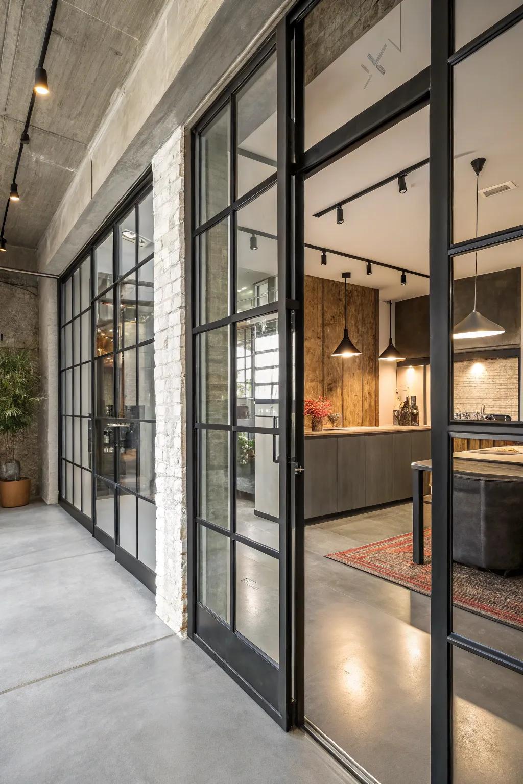 Accomplish an industrial chic aesthetic via steel frame doors.