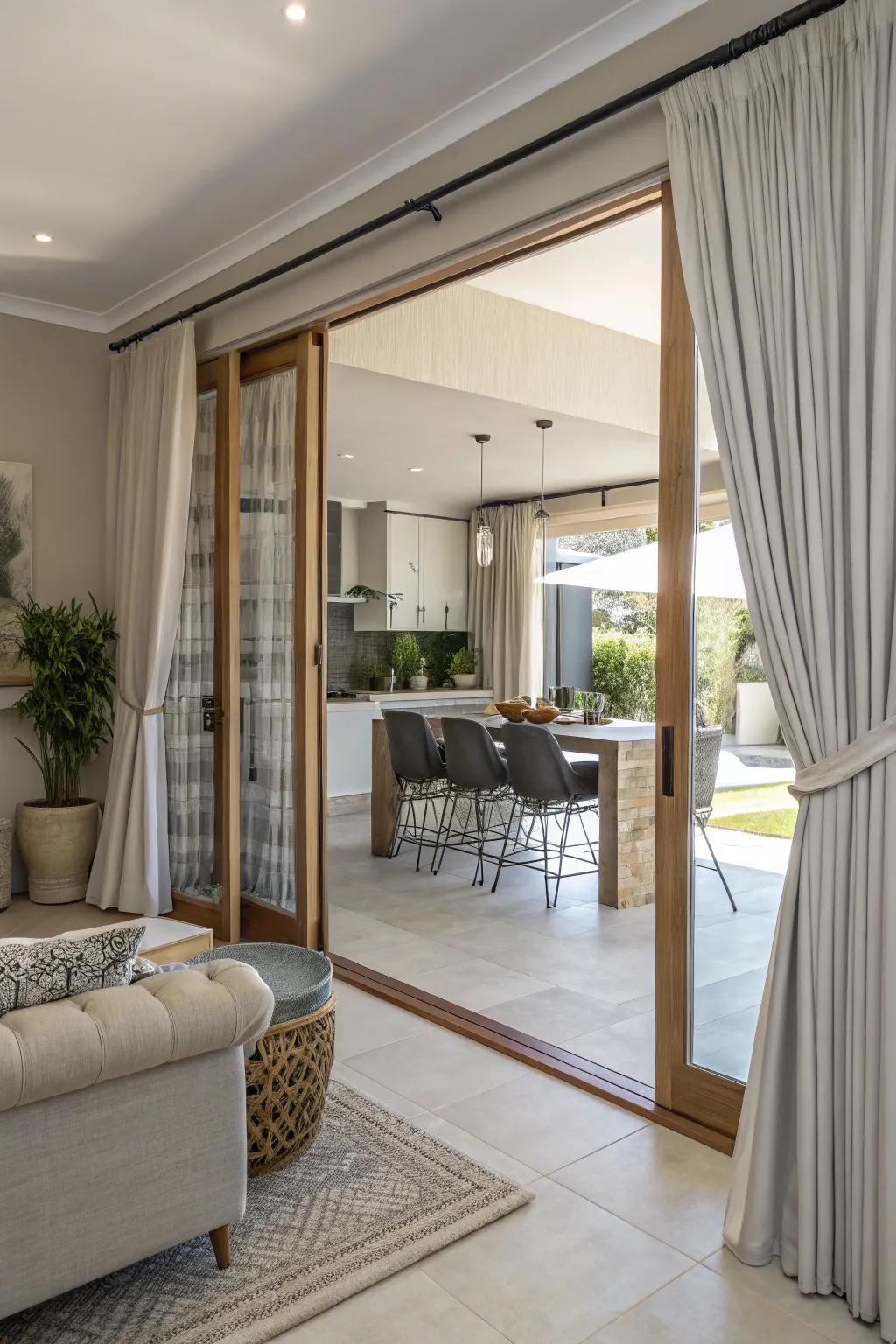 Layered curtains complement sliding doors beautifully, blending style and utility.