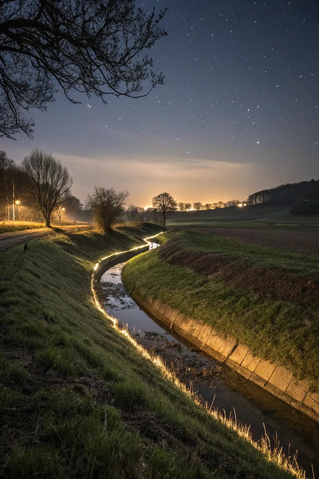 Strategic lighting converts a swale into an enchanting garden feature at night.