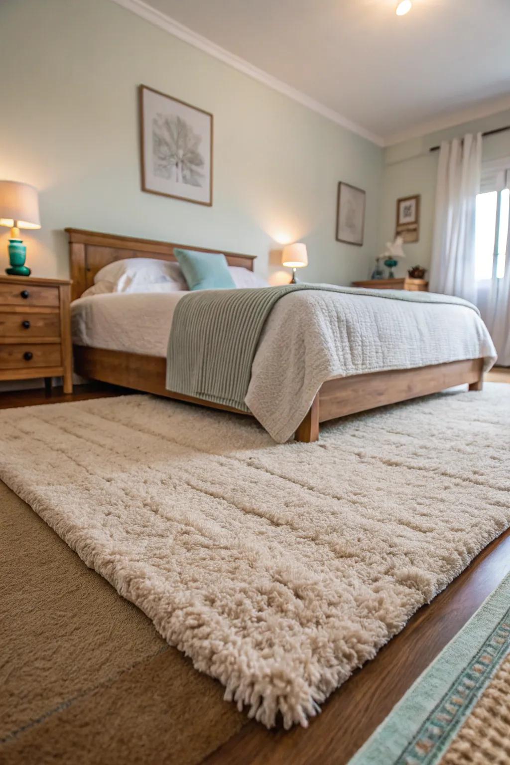 A plush area rug enriches the bedroom with comfort and warmth.