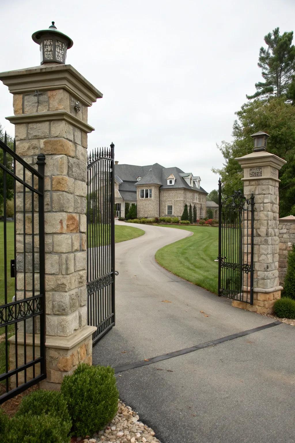Stone pillars paired with iron barriers provide a grand entrance.