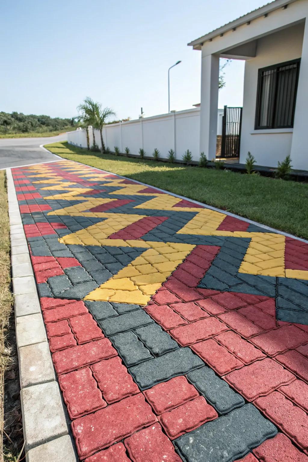 Vibrant palettes establish a dramatic and striking driveway declaration.