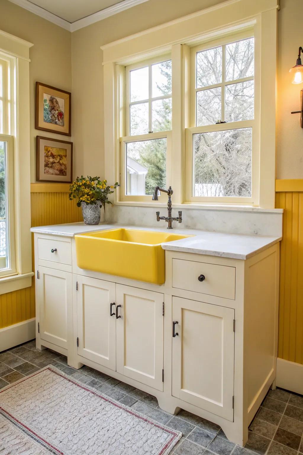 An interior pop of color brings a delightful surprise to this dry sink.