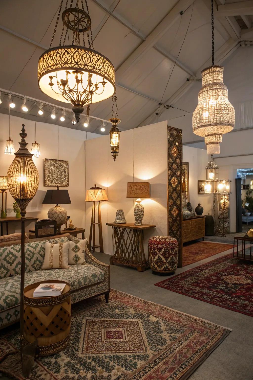 Diverse lighting results in a warm and inviting ambiance within this diverse area.