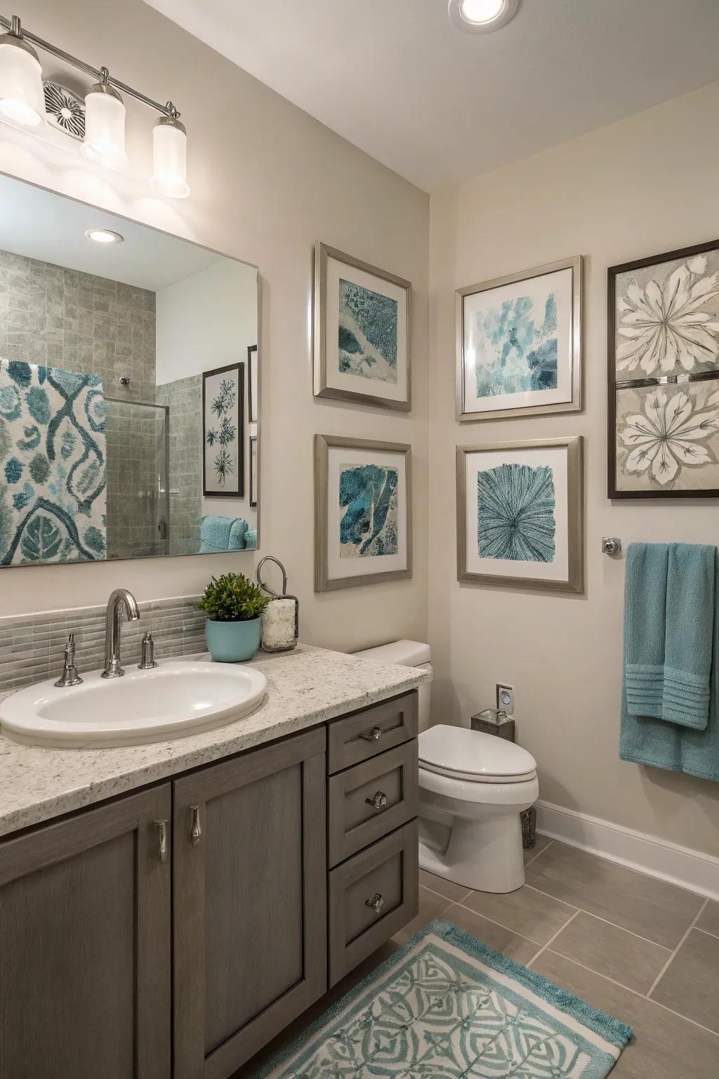 Fine art pieces amplify the sophistication of this exquisitely designed bathing area.